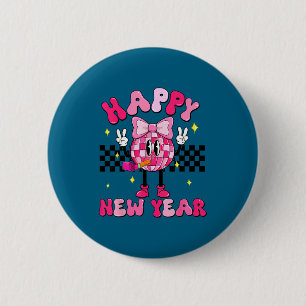 Checkered Happy New Year 2026 Disco Ball New Year  6 Cm Round Badge
