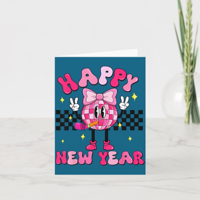 Checkered Happy New Year 2026 Disco Ball New Year  Card (Front)