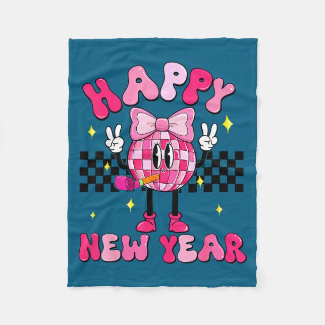 Checkered Happy New Year 2026 Disco Ball New Year  Fleece Blanket (Front)