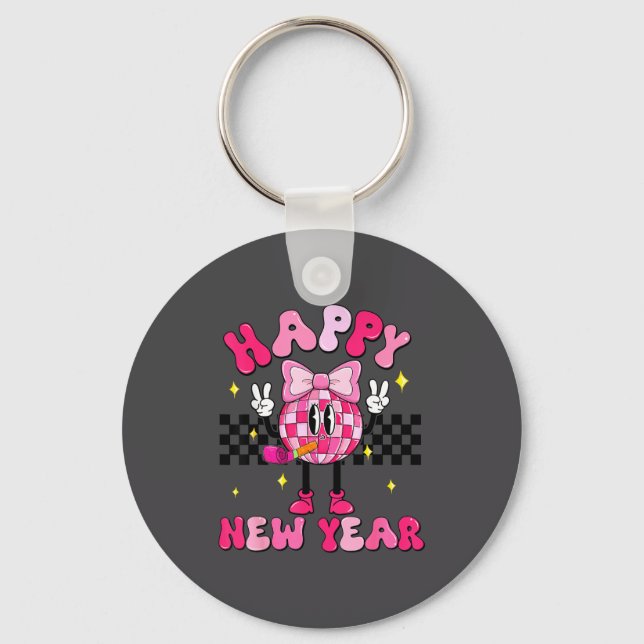 Checkered Happy New Year 2026 Disco Ball New Year  Key Ring (Front)