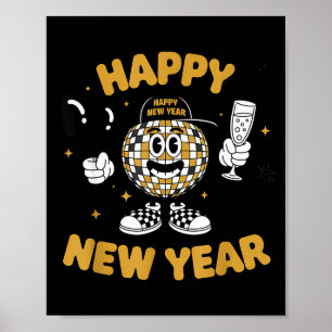 Checkered Happy New Year 2026 Disco Ball New Year Poster