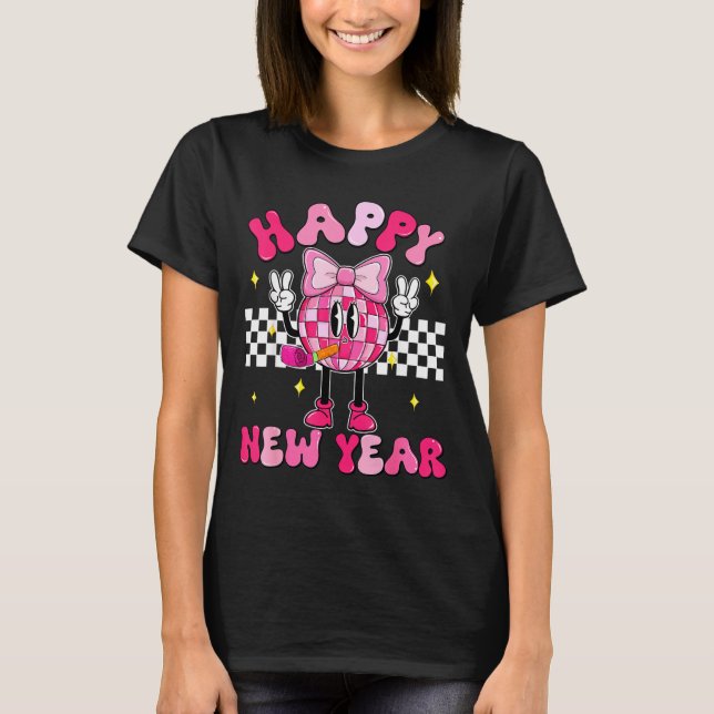 Checkered Happy New Year 2026 Disco Ball New Year  T-Shirt (Front)