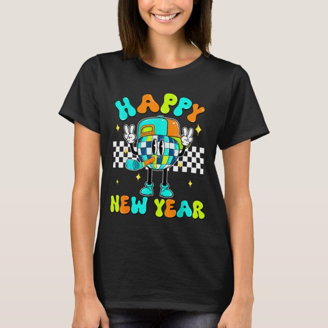 Checkered Happy New Year 2026 Disco Ball New Year  T-Shirt (Front)