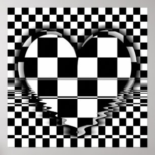 Checkered heart  Op art black and white  poster