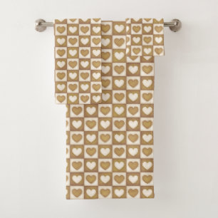 Checkered Hearts in Blond Cream Bath Towel Set