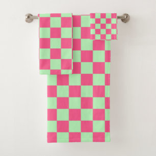 Checkered Hot Pink and Soft Green Bath Towel Set