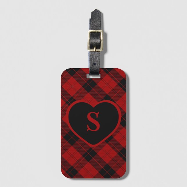 Checkered Monogram Christmas Red Buffalo Plaid Luggage Tag (Front Vertical)
