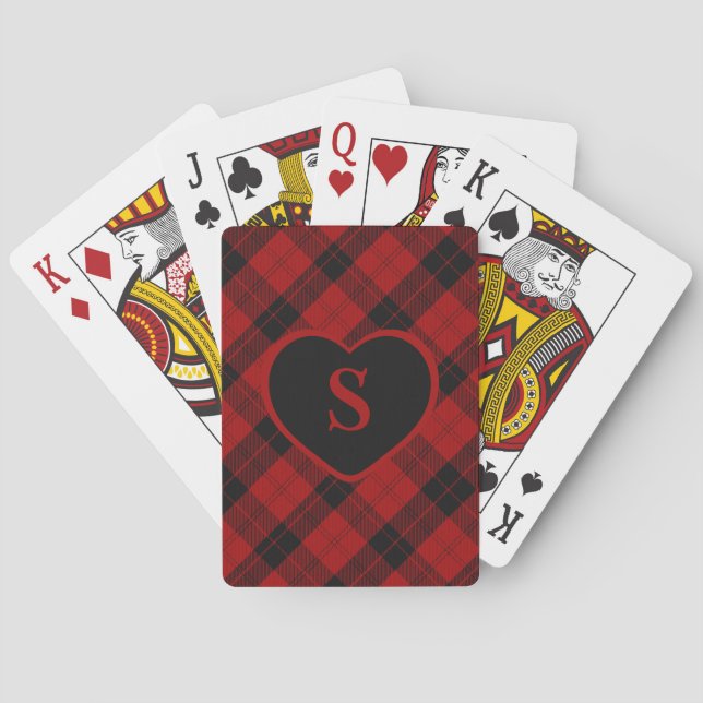 Checkered Monogram Christmas Red Buffalo Plaid Playing Cards (Back)