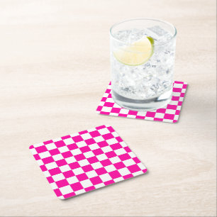 Checkered Neon Pink and White  Square Paper Coaster