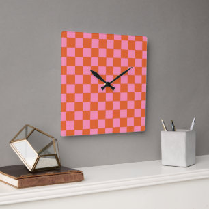 Checkered Orange and Pink  Square Wall Clock