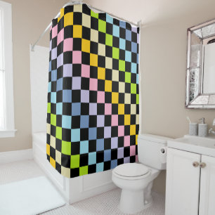Checkered Pastel Rainbow Black Shower Curtain