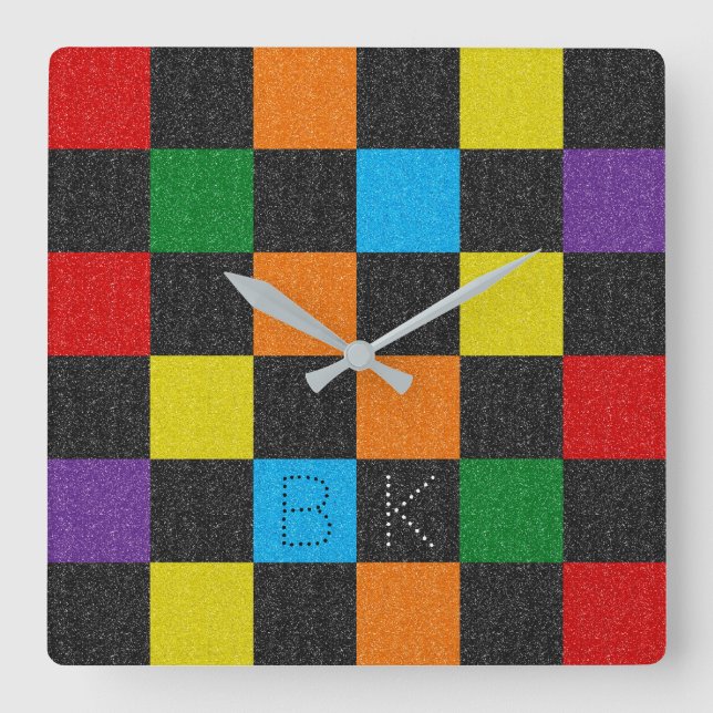 Checkered Pattern Fashion Rainbow LGBTQ Monogram Square Wall Clock (Front)