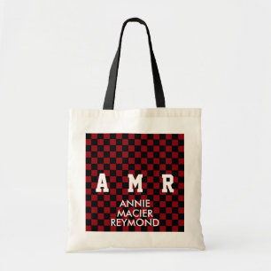 checkered pattern personalized monogram tote bag