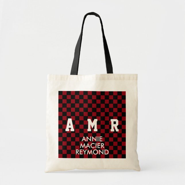 checkered pattern personalized monogram tote bag (Front)