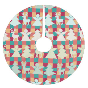 Checkered pattern with angels, reindeers and trees brushed polyester tree skirt