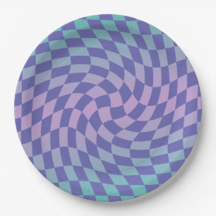 Checkered Purple Blue Gradient Ombre  Paper Plate