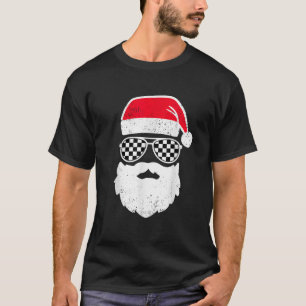 Checkered Santa Claus Funny Christmas Race Car Fla T-Shirt