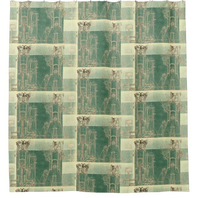 CHecKeRed SchEmaTic bluePrinT SePia ViNtaGe EnGinE Shower Curtain (Front)