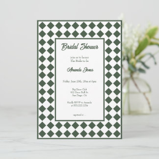 Checkered Simple Modern Dark Green Bridal Shower Invitation
