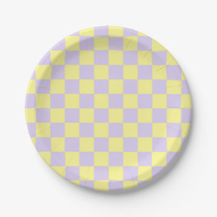 Checkered Soft Yellow and Purple Paper Plate