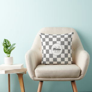 Checkered squares gray white retro Monogram Cushion