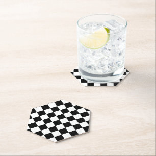 Checkered squares hot pink black geometric retro paper coaster