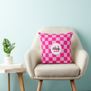 Checkered squares light hot pink retro Monogram Cushion