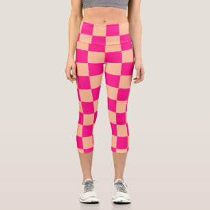 Checkered squares peach hot pink geometric retro capri leggings