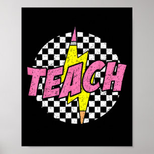 Checkered Teach Pencil Lightning Bolt Back To Scho Poster