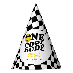 Checkered Yellow Cool Preppy Smile 1st Birthday Party Hat