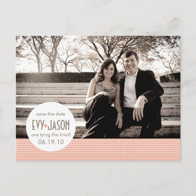 Checkers + Dots- Custom Save the Date - Coral Announcement Postcard (Front)