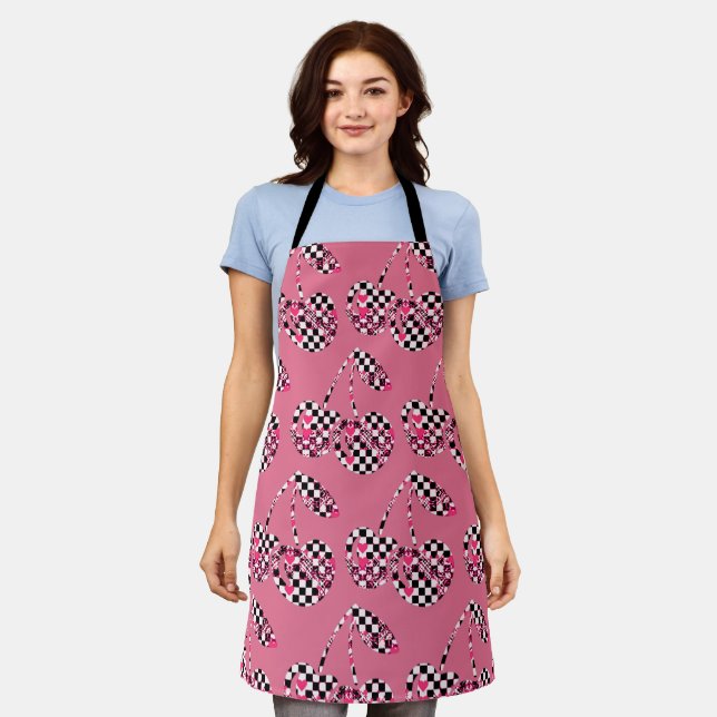 Checkers & Pink Hearts Patterned Cherries Big Apron (Worn)