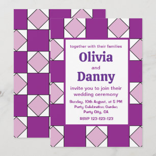 Checkers Purple Square Diamond Checkers Wedding Invitation