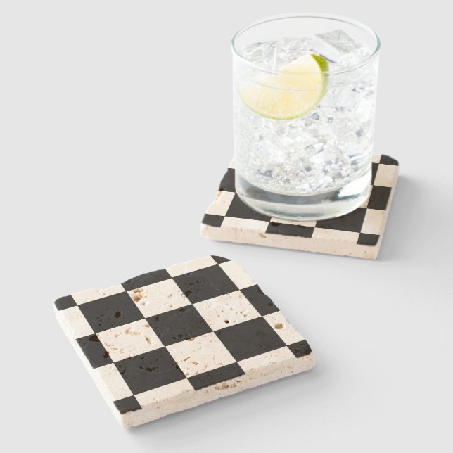 Checkers "Ready for a Game" Black and White Stone Coaster (Side)