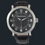 Checkmate Chess Watch - chequerboard on black<br><div class="desc">An elegant and simple chess inspired watch with graphic chess pieces representing the hour markers and chequered pattern indicating the minutes on a clean black background. The customisable text makes this time piece a great personalised gift idea for the chess playing enthusiast.</div>