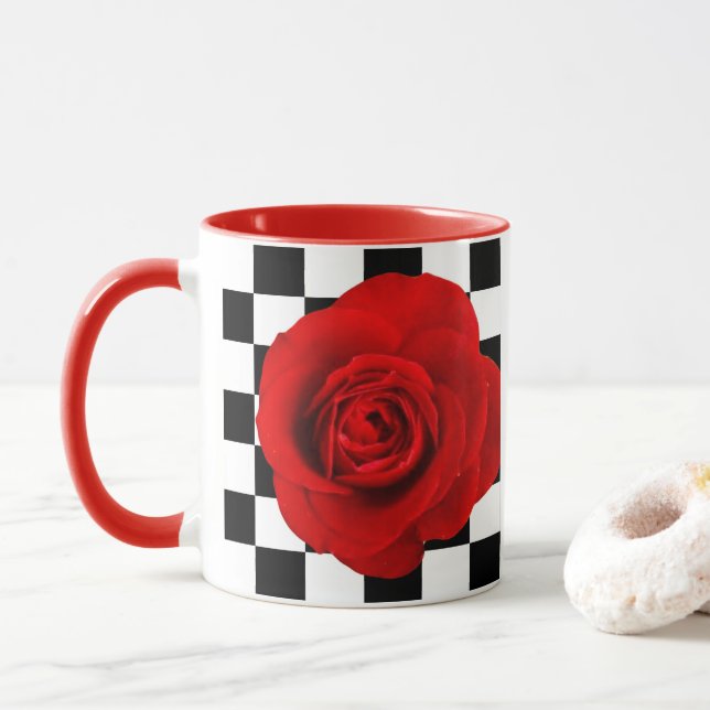 Checkmate Rose elegant rose on a chequered back  Mug (With Donut)