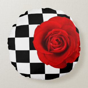 Checkmate Rose elegant rose on a chequered back Round Cushion