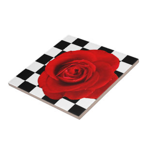 Checkmate Rose elegant rose on a chequered back  Tile