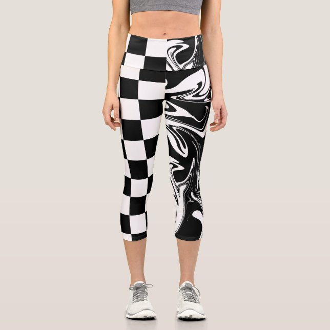 Checks and Swirls - Black and White Capri Leggings (Front)