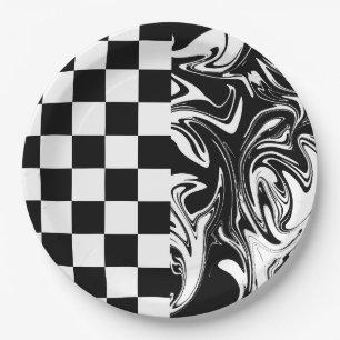 Checks and Swirls - Black and White Paper Plate