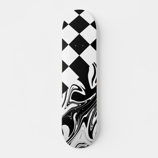 Checks and Swirls - Black and White Skateboard (Front)
