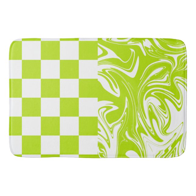 Checks and Swirls in Lime Green and White Bath Mat (Front)