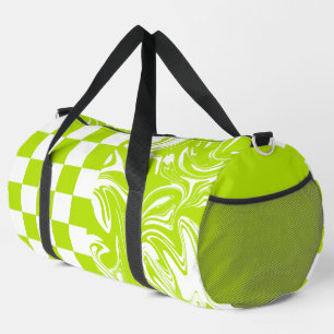 Checks and Swirls in Lime Green and White Duffle Bag