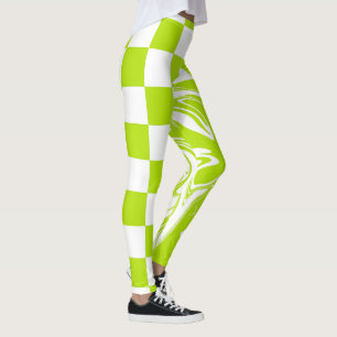 Checks and Swirls in Lime Green and White Leggings