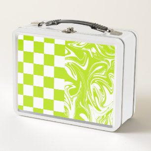 Checks and Swirls in Lime Green and White Metal Lunch Box