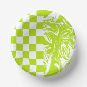 Checks and Swirls in Lime Green and White Paper Plate