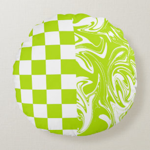 Checks and Swirls in Lime Green and White Round Cushion