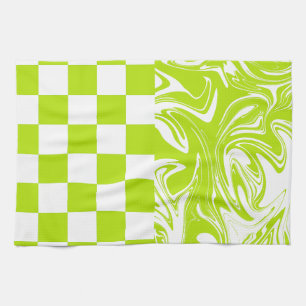 Checks and Swirls in Lime Green and White Tea Towel