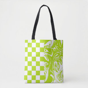 Checks and Swirls in Lime Green and White Tote Bag