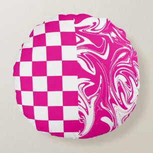 Checks and Swirls in Magenta and White Round Cushion